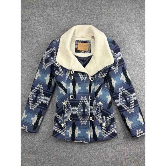 Powder River Outfitters Jacket Womens Small Blue Aztec Sherpa Peacoat W525-2638 - Picture 1 of 8